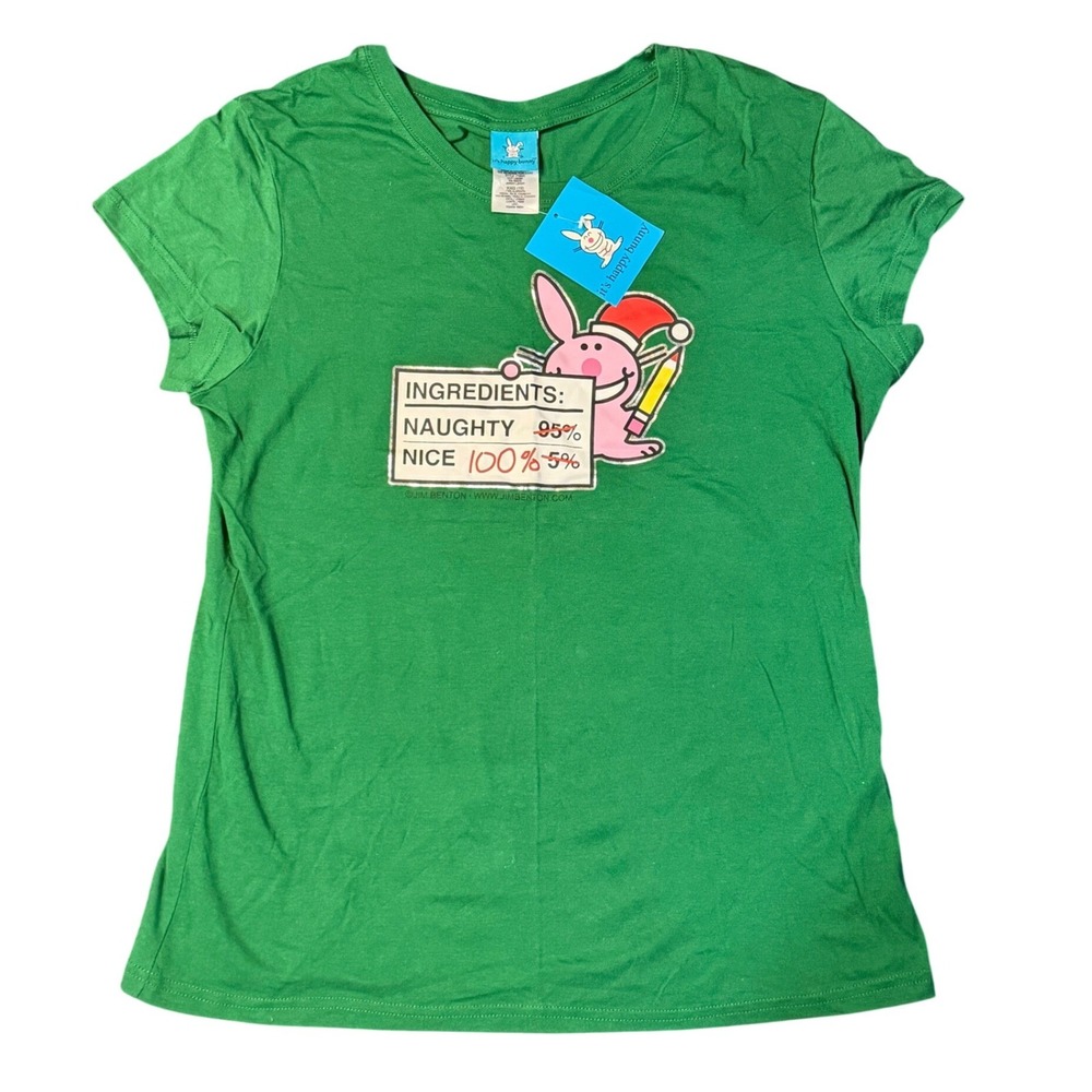 VTG It's Happy Bunny T-Shirt Green Y2K Naughty Nice Graphic Tee XXL 19 Junior